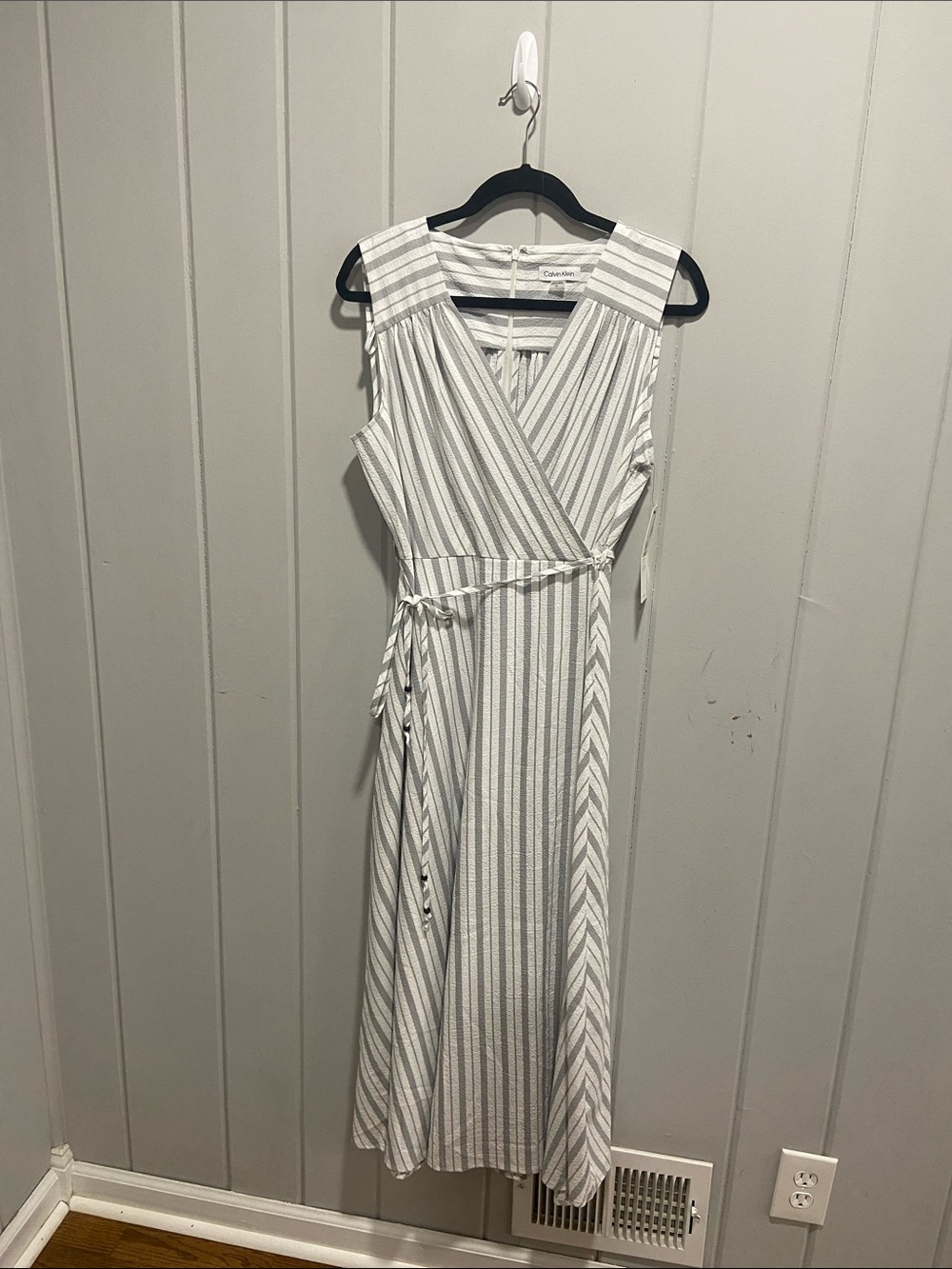 Calvin Klein White and Gray Striped Wrap Maxi Dress